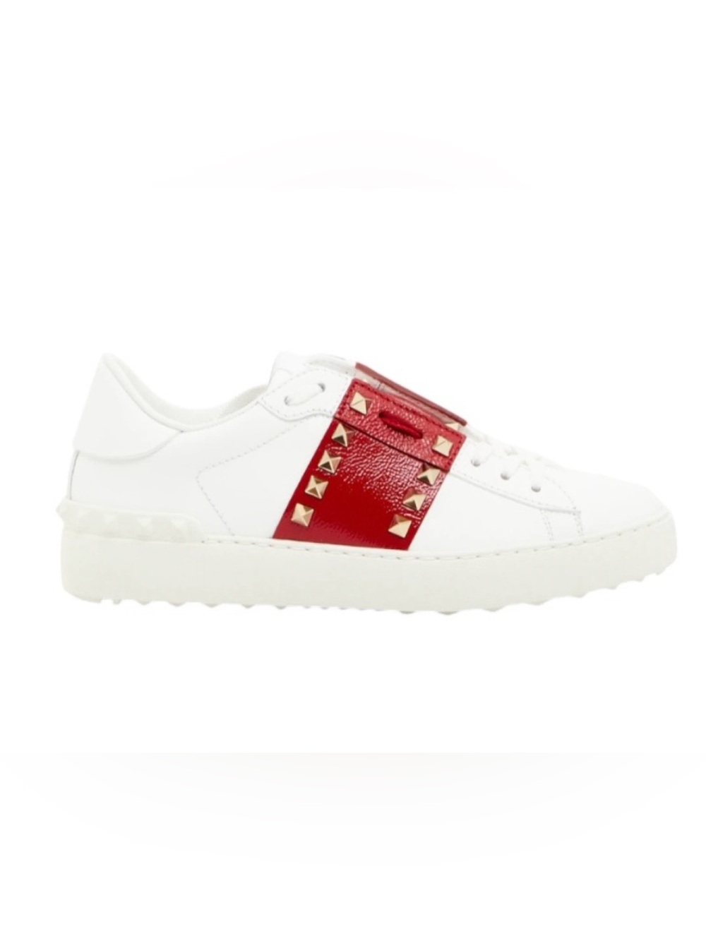 Valentino Garavani White Leather Sneakers with Red Studded Strap